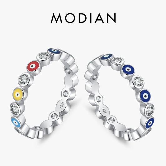 Anillos de dedo MODIAN de plata de ley 925 con delicados ojos esmaltados de color arcoíris y apilables para mujer, joyería de moda con circonita cúbica transparente brillante.