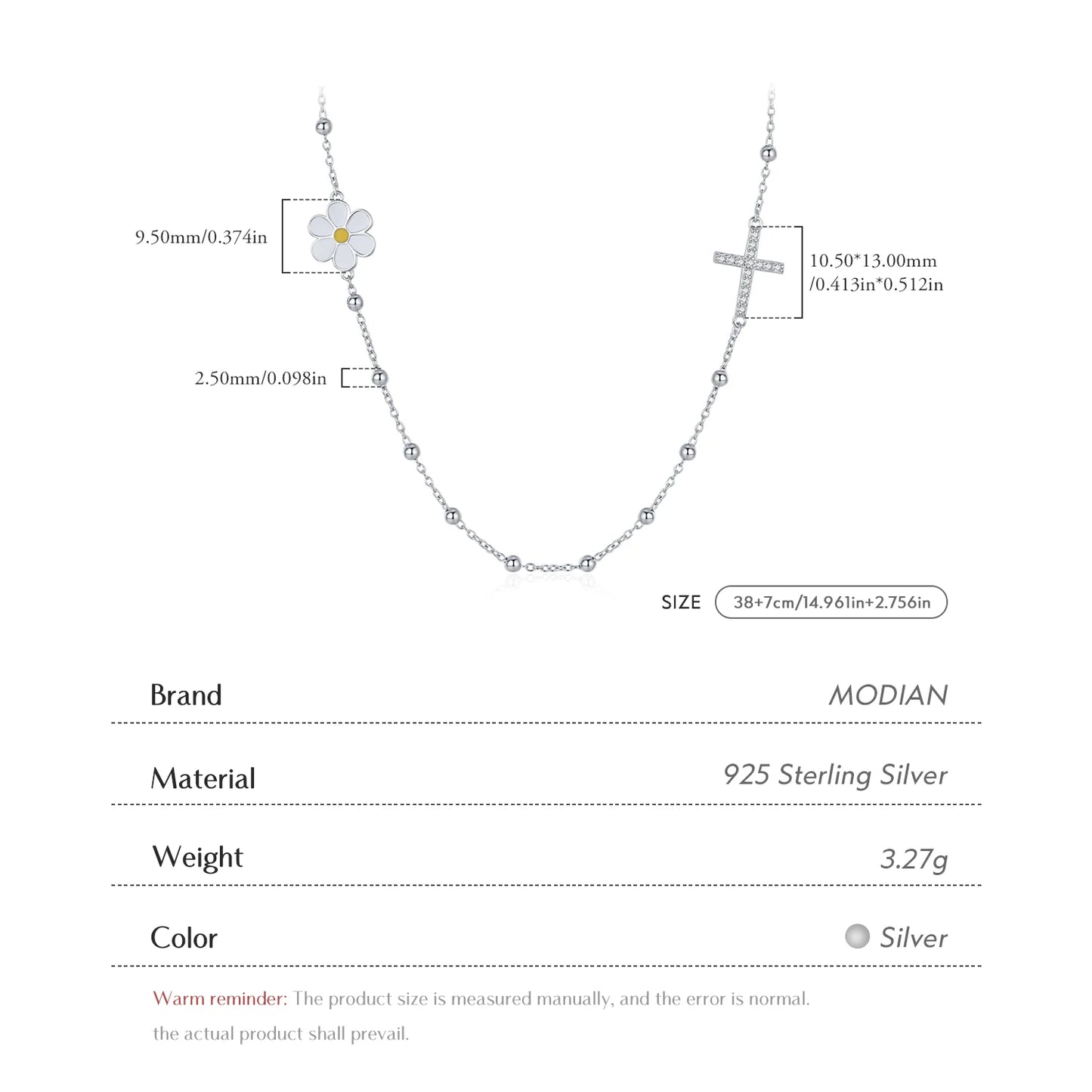 MODIAN 925 Sterling Silver Classic Daisy & Cross Dazzling Choker Pendant Necklace Dainty Beads Link Chain For Women Jewelry