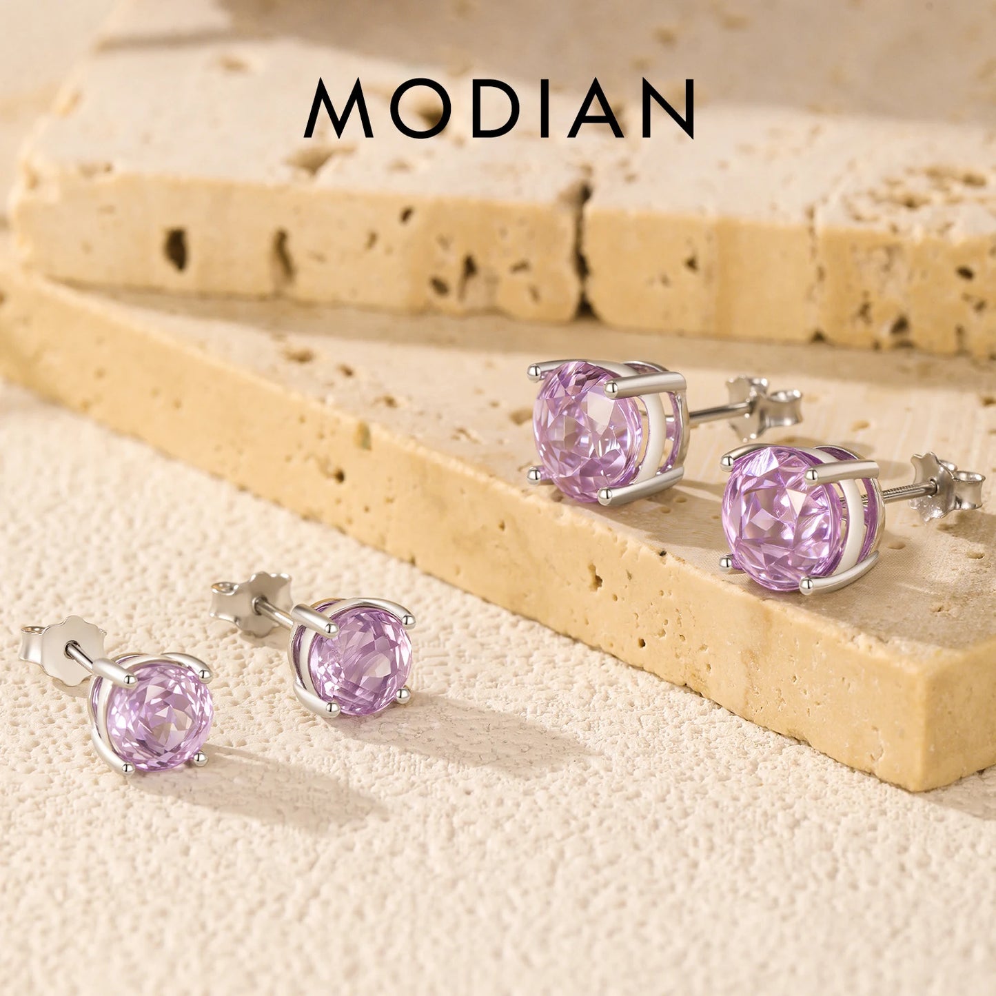 MODIAN 925 Sterling Silver Luxury Sparkling Violet Rose Cut Round CZ Stud Earrings For Women Party Fine Jewelry Gifts