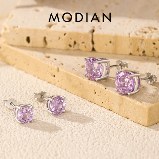 MODIAN 925 Sterling Silver Luxury Sparkling Violet Rose Cut Round CZ Stud Earrings For Women Party Fine Jewelry Gifts