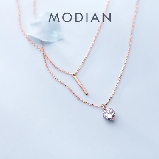 Modian New 925 Sterling Sliver Dazzling Zircon Geometric Double Chain Pendant for Women Adjustable Necklace Fine Jewelry Bijoux