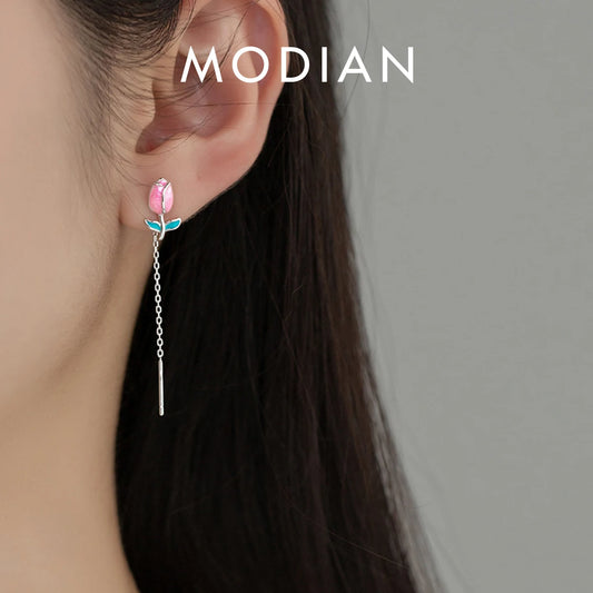 Pendientes MODIAN de plata de ley 925 con borlas de rosa esmaltadas, cadena larga, elegantes, para mujer, joyería fina, regalos
