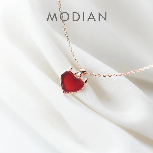 Collar de cadena de eslabones Modian de plata esterlina 925 pura para mujer, colgante romántico de corazón eterno de cristal rojo, joyería fina
