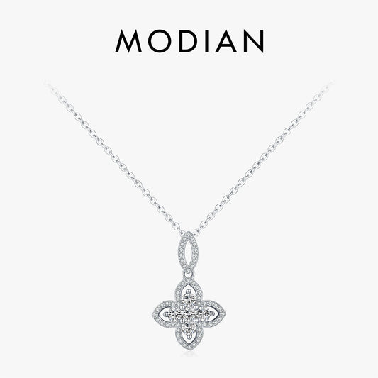 Collar de cadena con eslabones de trébol de cuatro hojas y circonita cúbica brillante de MODIAN, colgante elegante de flor de plata de ley 925 para mujer, joyería
