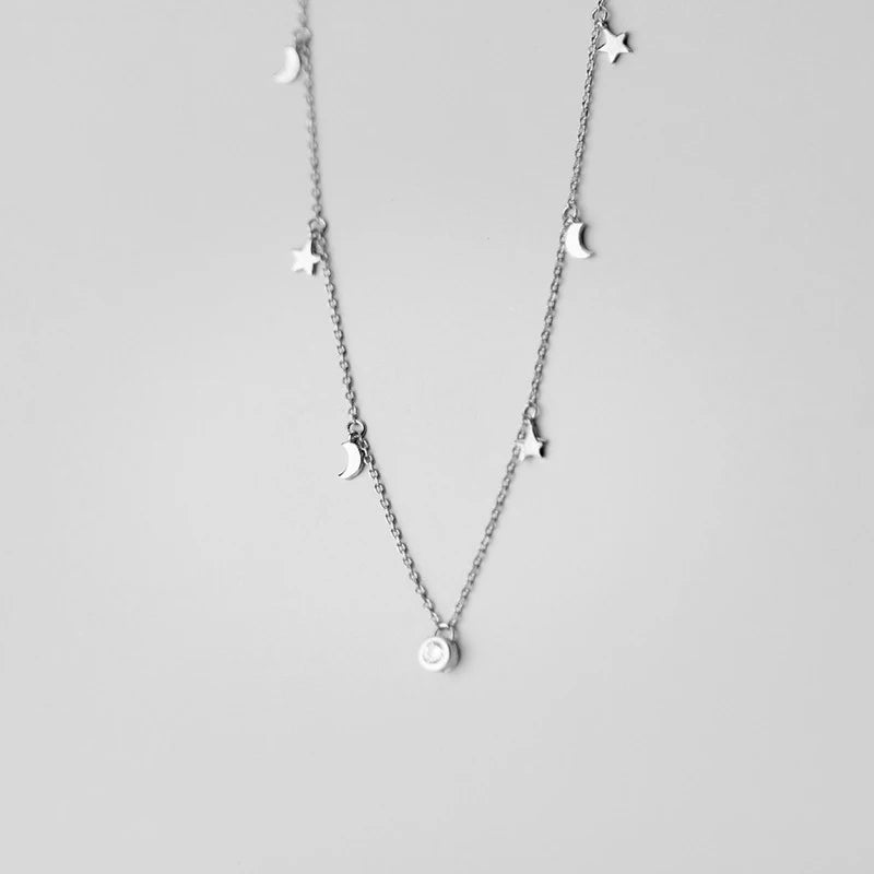 Modian 925 Sterling Silver Star And Moon Chain Sparkling Starry Link Chain Pendant Necklaces For Women Prevent Allergy Jewelry