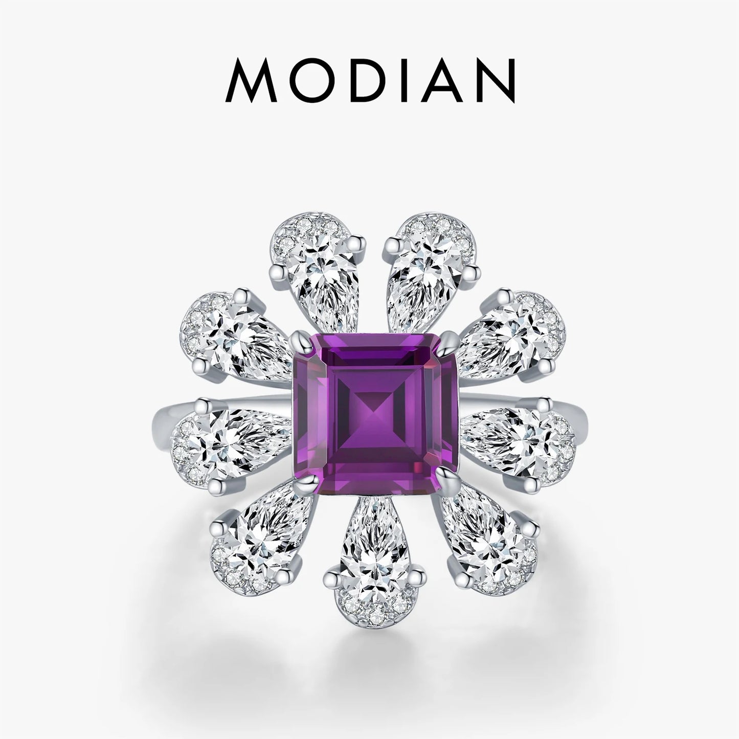MODIAN 925 Sterling Silver Luxury Ascher Cut Violet Color Flower Zirconia Finger Rings For Women Party Fine Jewelry