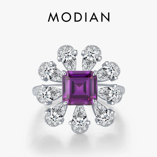MODIAN 925 Sterling Silver Luxury Ascher Cut Violet Color Flower Zirconia Finger Rings For Women Party Fine Jewelry