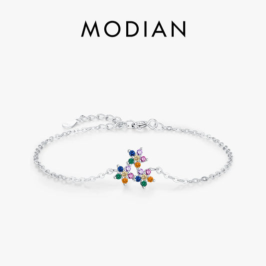 MODIAN 925 Sterling Silver Cute Rainbow Color Zirconia Three Small Flowers Link Chain Bracelets For Women Fine Jewelry