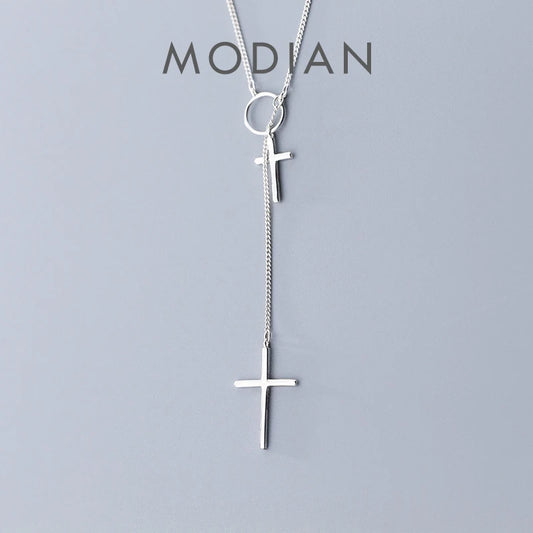 Modian Sterling Sliver 925 Fashion Simple Big Samll Cross Geometric Round Chain Pendant Necklace for Women Fine Jewlry Girl Gift