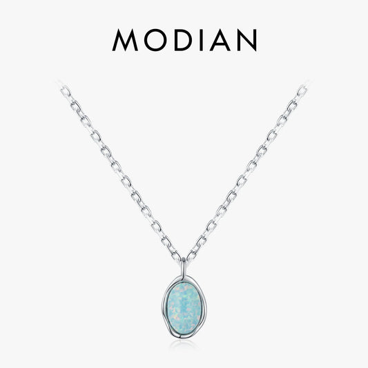 Collar de cadena de eslabones MODIAN de plata de ley 925 con colgante de ópalo de metal con ondas irregulares vintage para mujer, joyería fina