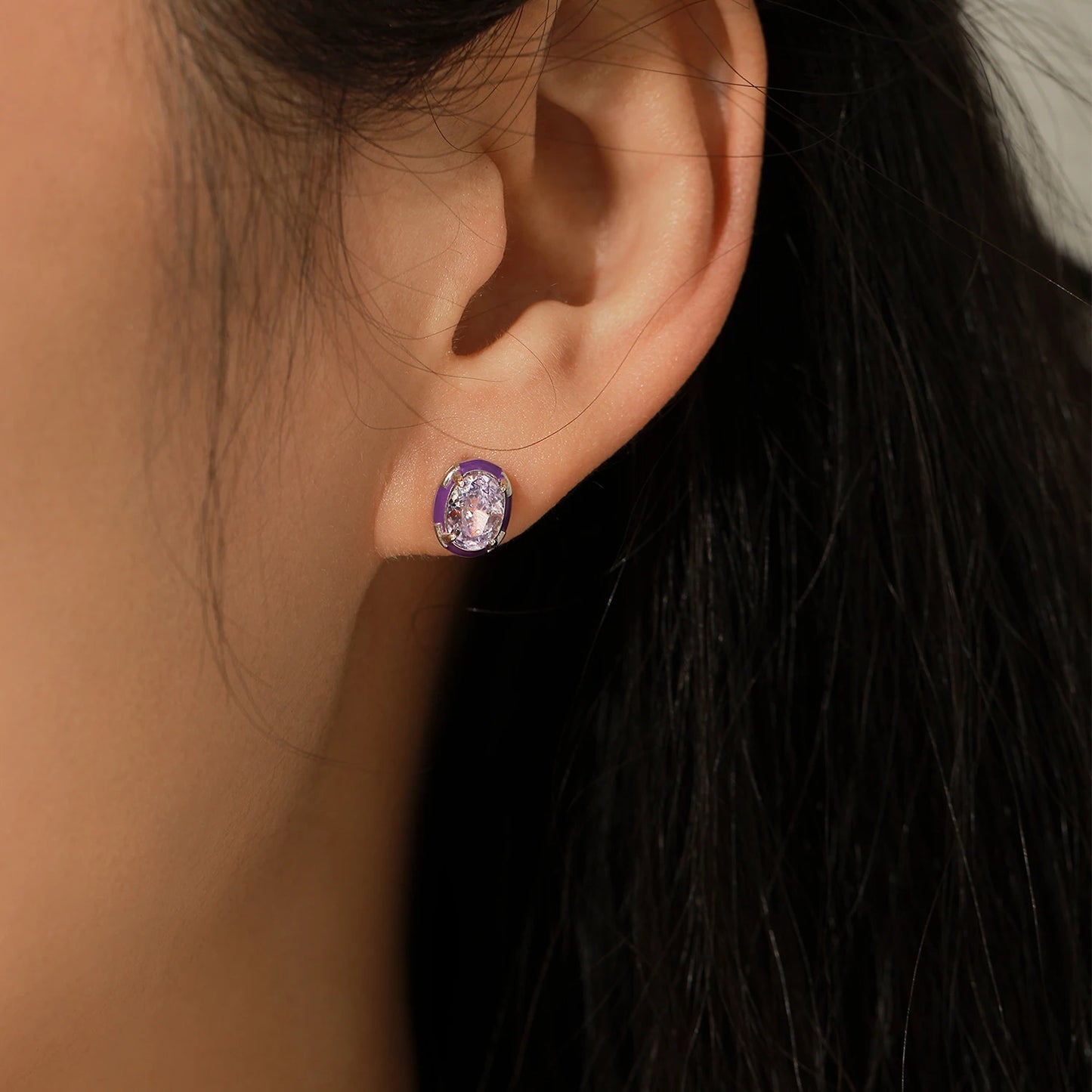 MODIAN Real 925 Sterling Silver Oval Lavender Purple Enamel Crushed Ice Cut CZ Stud Earrings For Women Delicate Fine Jewelry