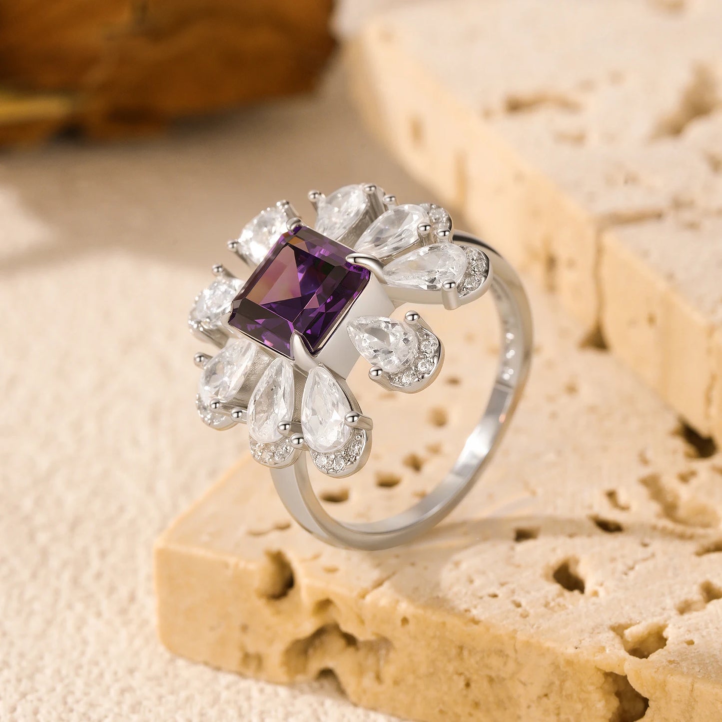 MODIAN 925 Sterling Silver Luxury Ascher Cut Violet Color Flower Zirconia Finger Rings For Women Party Fine Jewelry
