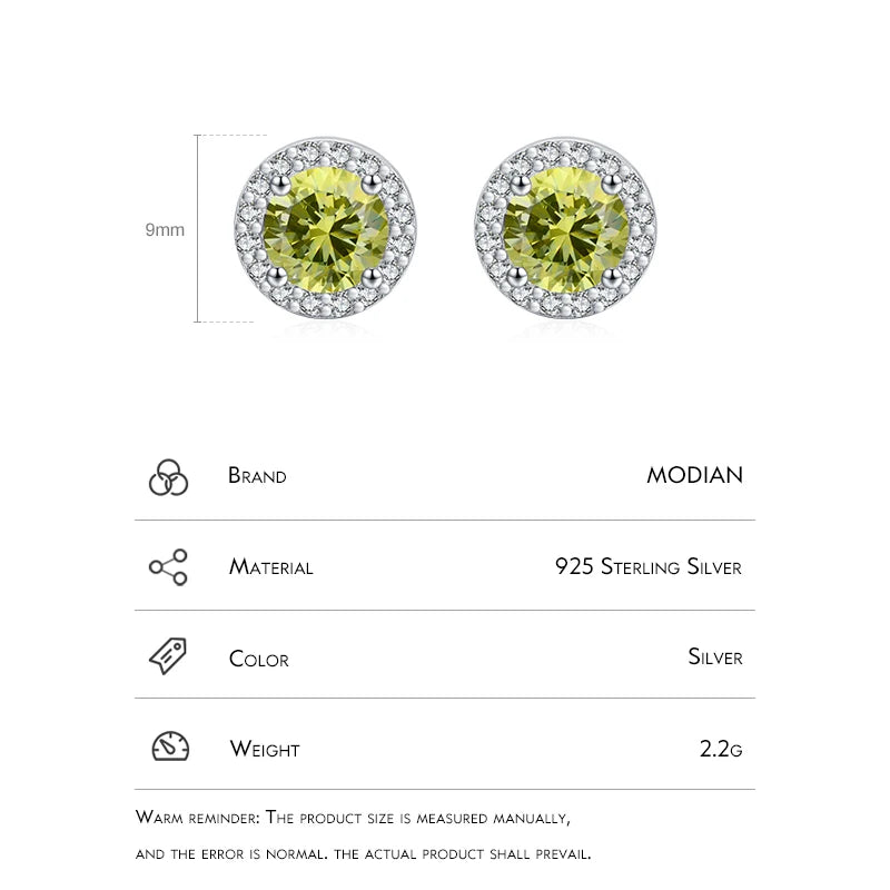 Modian 925 Sterling Silver Round Shape Green Zirconia Stud Earrings For Women Classic Luxury Wedding Statement Fine Jewelry Gift