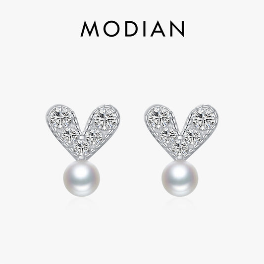 Pendientes MODIAN de plata de ley 925 con perlas sintéticas, elegantes y deslumbrantes con forma de corazón y circonita cúbica transparente para mujer, joyería fina.
