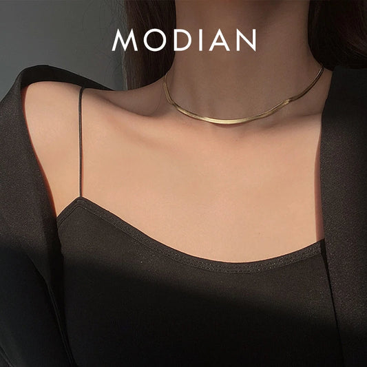 Collar de cadena de serpiente simple de plata esterlina 925 MODIAN, cadena de cuello de color dorado moderno para mujeres, joyería fina de compromiso y boda.
