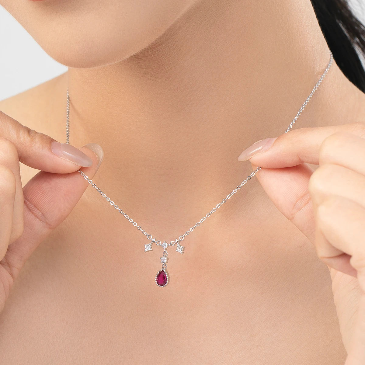 Collar con colgante de gota de agua de lujo MODIAN de plata de ley 925 con circonita azul y roja, cadena de eslabones clásica para mujer, joyería de boda