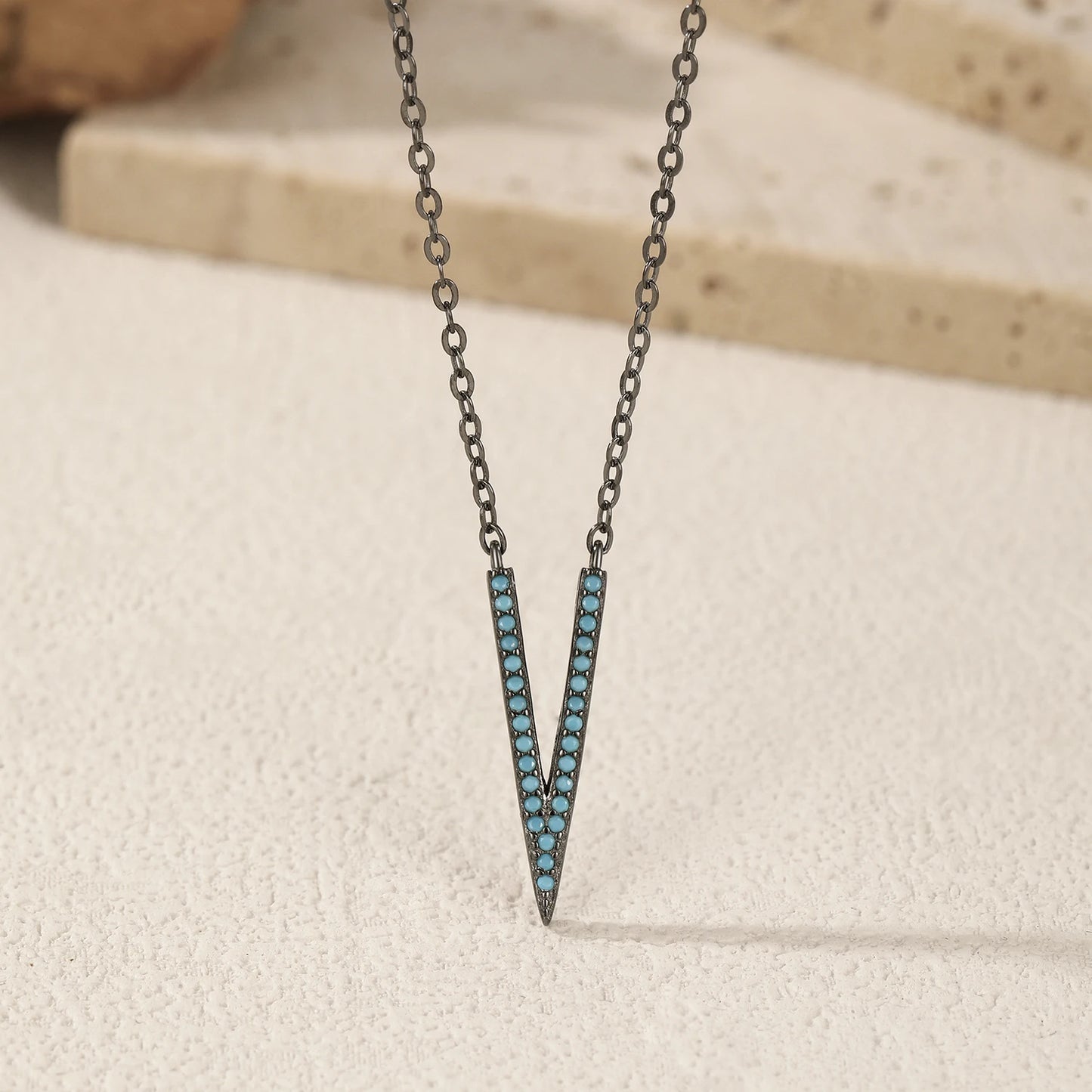 MODIAN 925 Sterling Silver V Shape Synthetic Turquoise Pendant Necklace Punk Black Sytle Stackable Necklace For Women Jewelry