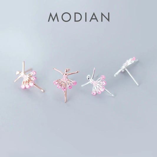 MODIAN - Pendientes de botón con diseño de hada de ballet y cristal rosa para mujer, plata de ley 925, joyería fina