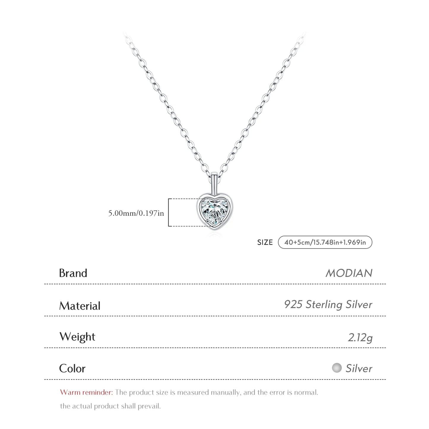 MODIAN 925 Sterling Silver Delicate Sweet Heart Zirconia Wedding Link Chain Pendant Necklace For Women Daily Fine Jewelry