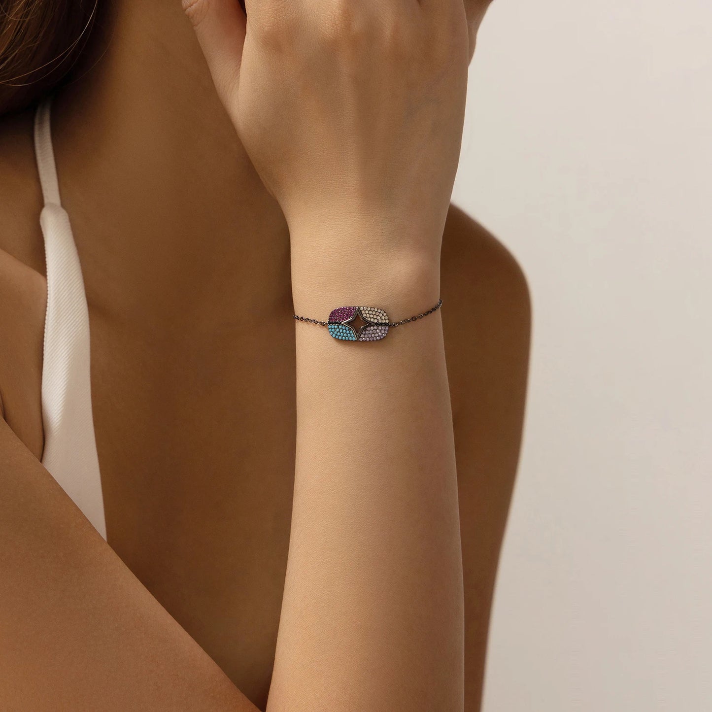 MODIAN 925 Sterling Silver Retro Synthetic Turquoise Geometric CZ Stars Palm Link Chain Bracelet For Women Punk Fine Jewelry