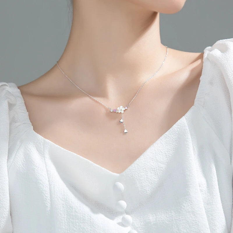 Modian Brands 925 Sterling Silver Twinkling Zircon White Shell Flower Tassel Hearts Fashion Luxury Pendant for Wome Fine Jewelry