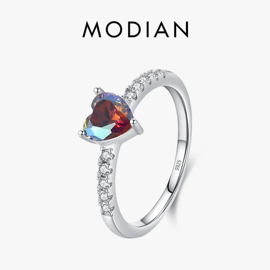 Anillo Modian de plata de ley 925 con corazones de colores y circonitas multicolores para mujer, joyería fina para bodas, regalos.