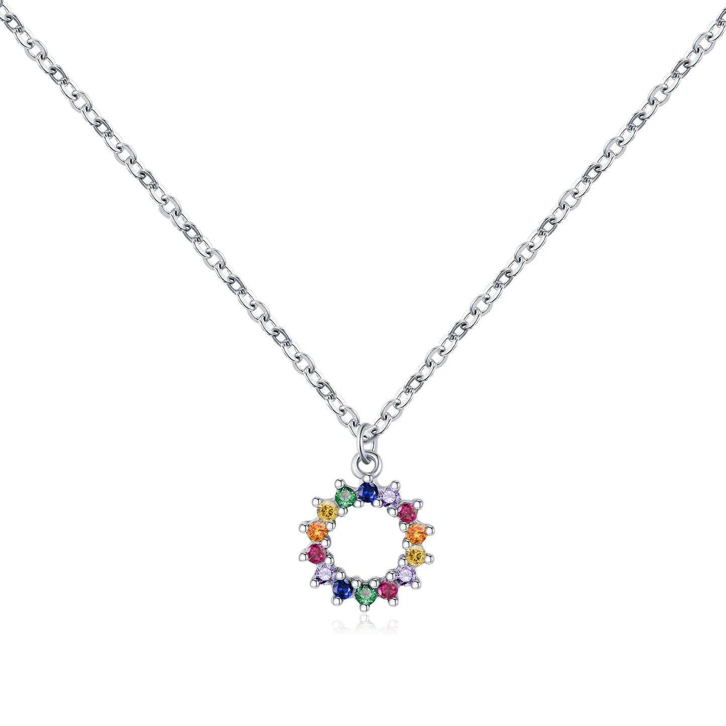 MODIAN 925 Sterling Silver Sparkling Round CZ Necklace Rainbow Color Sun Pendant Necklaces For Women Daily Fine Jewelry