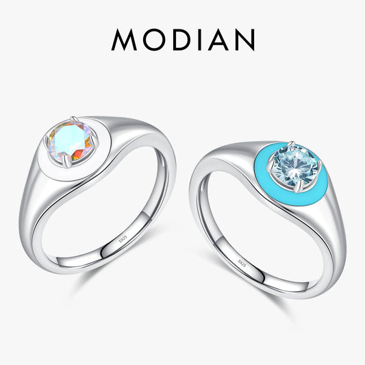 Anillo de sello MODIAN de plata de ley 925 con circonitas esmaltadas de colores para mujer, accesorios diarios, joyería fina