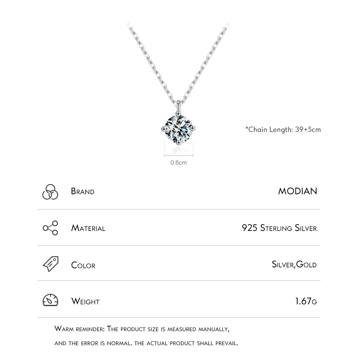 MODIAN 925 Sterling Silver Classic Round 1CT High Quality Zirconia Pendant Necklaces For Women Wedding Luxury Fine Jewelry Gift