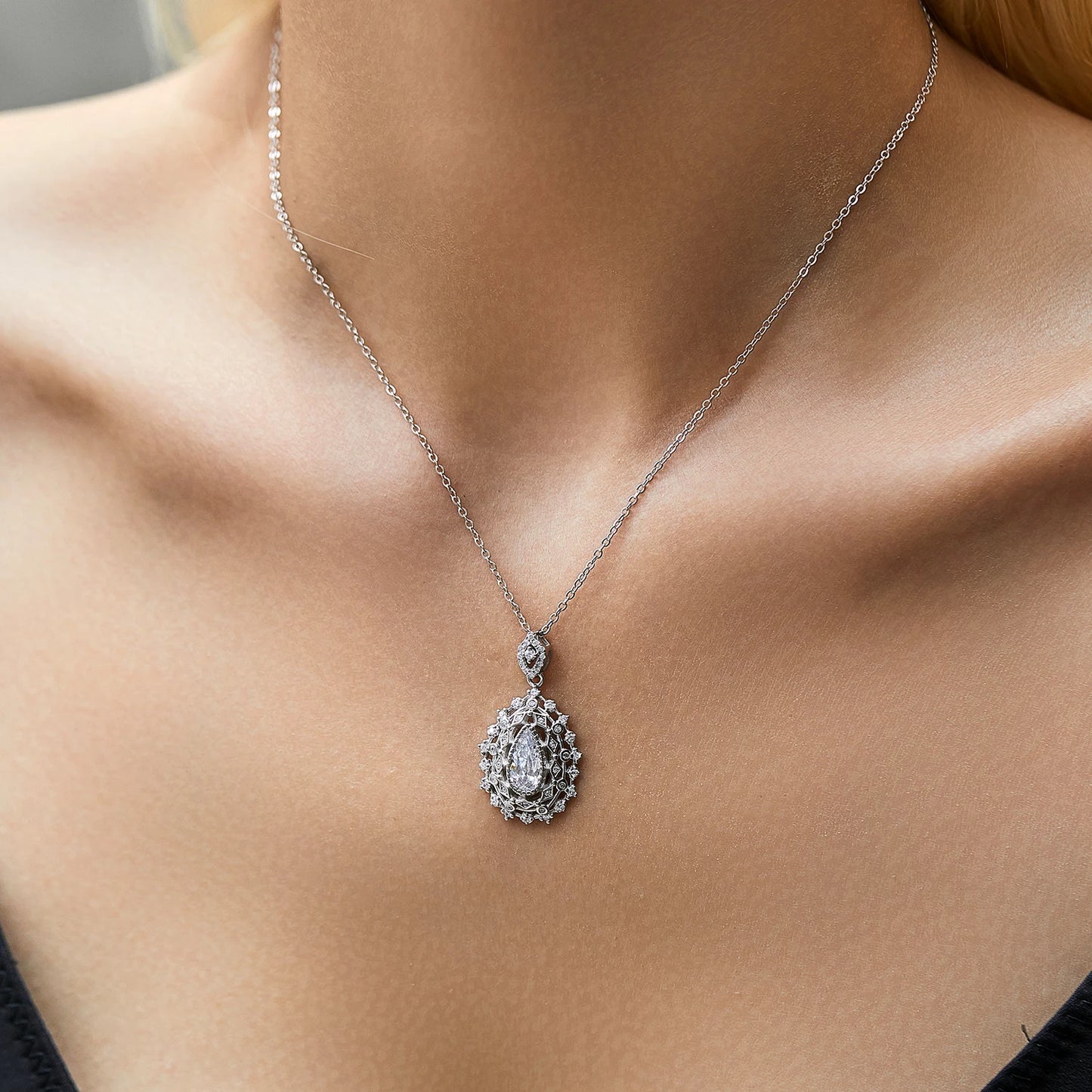 MODIAN 925 Sterling Silver Luxury Water Drop Dazzling CZ Link Chain Pendant Necklace For Women Wedding Statement Jewelry Gifts