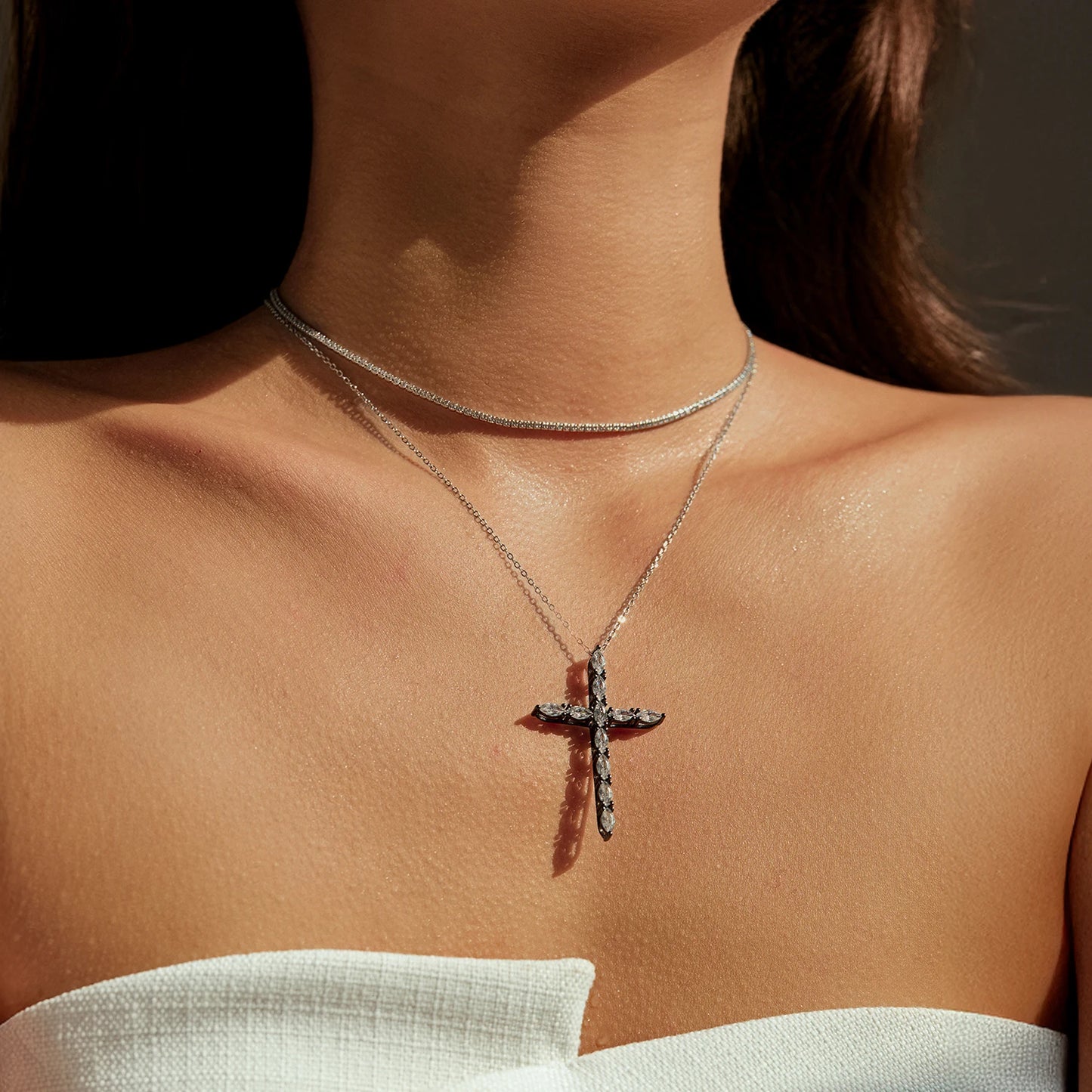 MODIAN 925 Sterling Silver Marquise Cut Zirconia Necklace Retro Black Cross Big Pendant Necklace For Women Fine Jewelry Gift