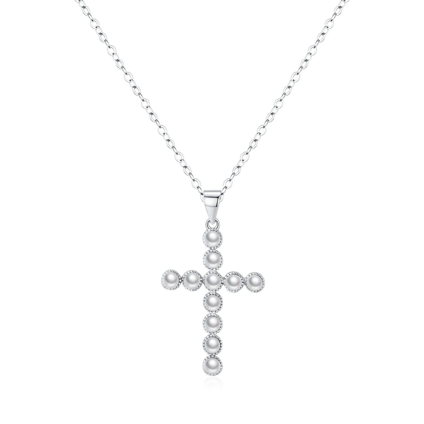 MODIAN 925 Sterling Silver Fancy Elegant Simulated Pearls Cross Pendant Necklace For Women Anniversary Fine Jewelry Gifts