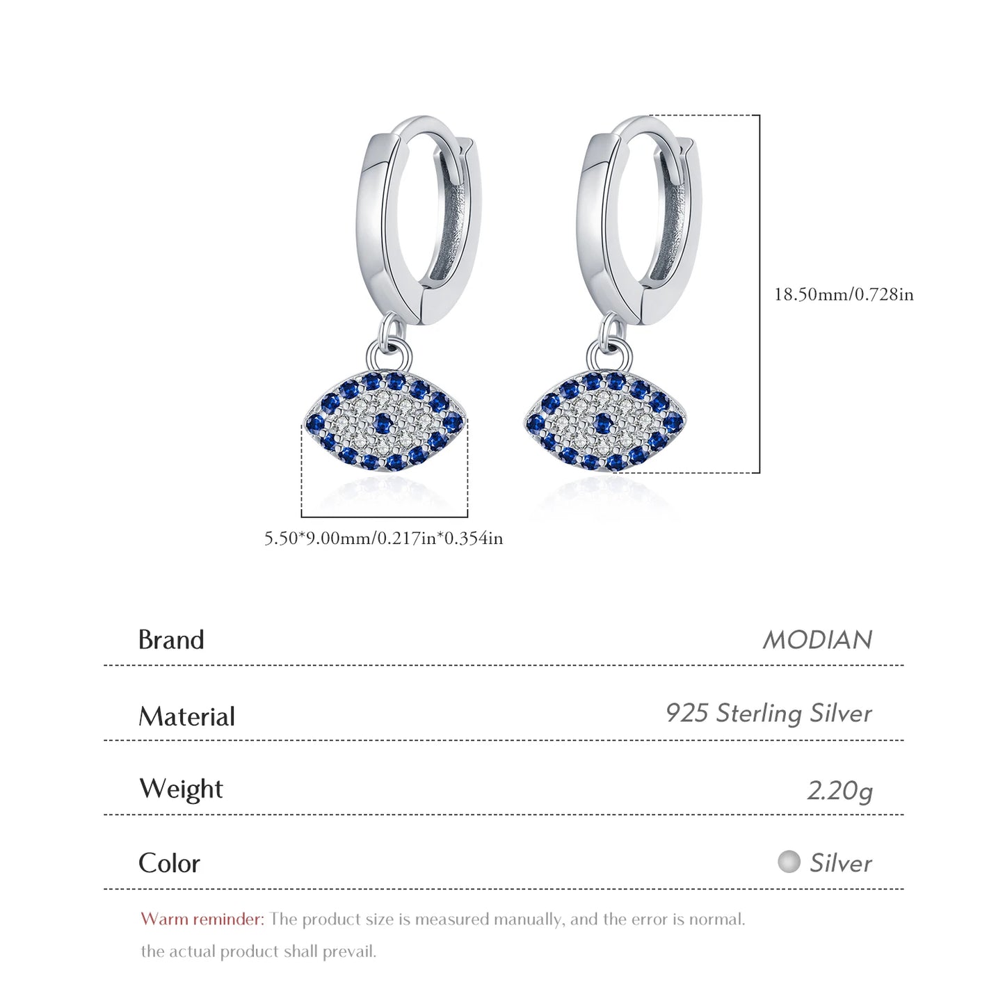 MODIAN 925 Sterling Silver Exquisite Blue Eyes Zirconia Swing Hoop Earrings Classic Vacation Ear Buckle For Women Fine Jewelry