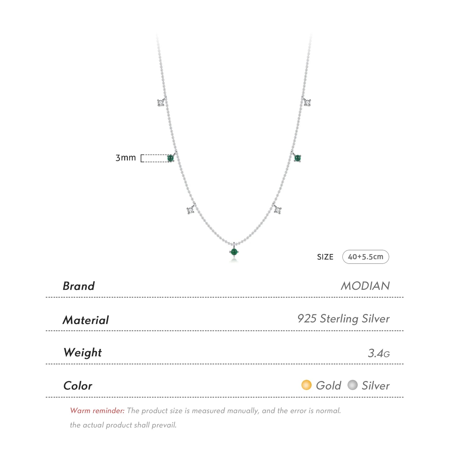 MODIAN Real 925 Sterling Silver Charm Green CZ Round Small Pendant Necklace Trendy Link Chain For Women Anniversary Jewelry Gift