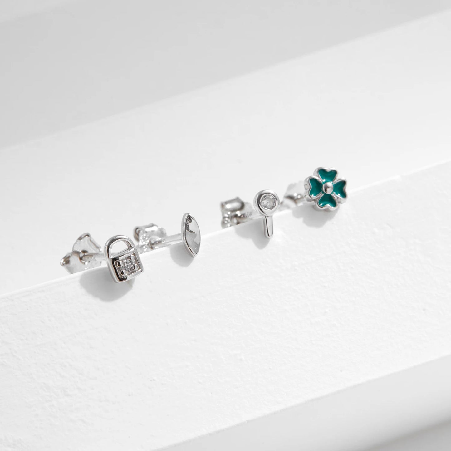 MODIAN 4PCS Tiny Earrings 925 Sterling Silver Lock & Key And Four Leaf Clover Fashion Stackable Stud Earrings For Women Jewelry