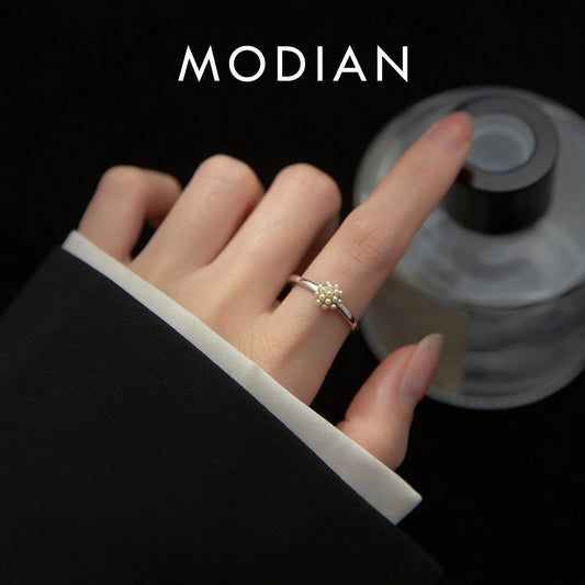 Anillos de dedo MODIAN de plata de ley 925 auténtica con perlas redondas elegantes para mujer, anillos ajustables, joyería de aniversario y compromiso.