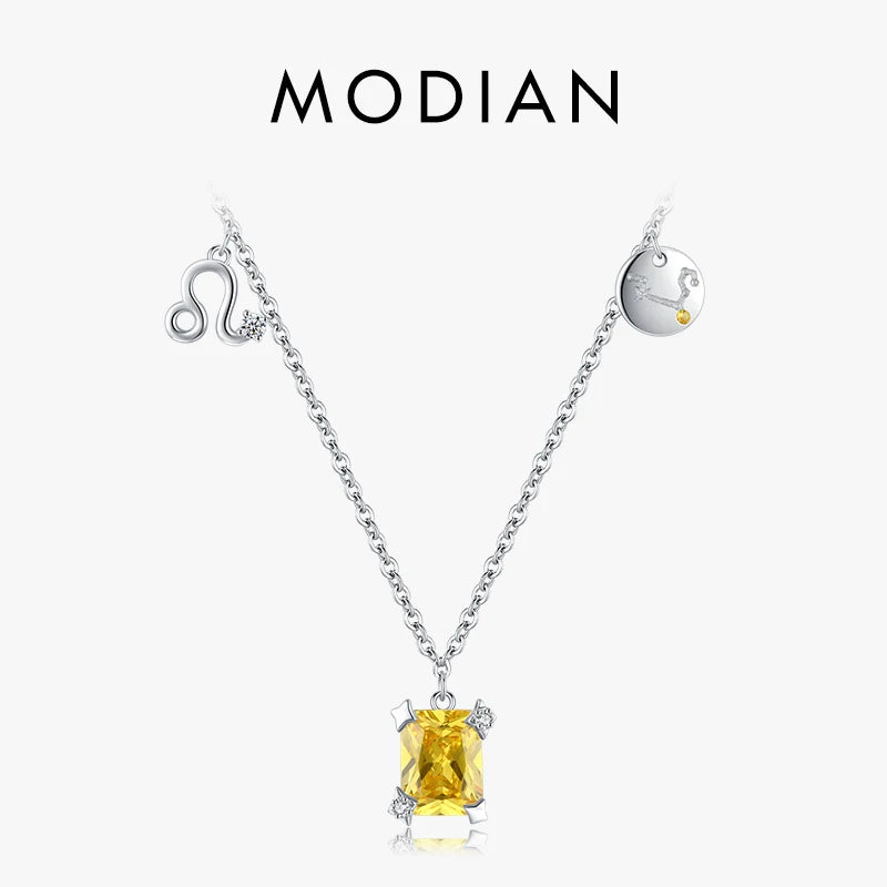 Modian Fashion Constellations Yellow Zirconia Elegant Link Chain Necklace 925 Sterling Silver Leo Pendant For Women Girl Jewelry