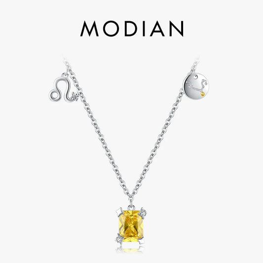 Modian Fashion Constellations Yellow Zirconia Elegant Link Chain Necklace 925 Sterling Silver Leo Pendant For Women Girl Jewelry