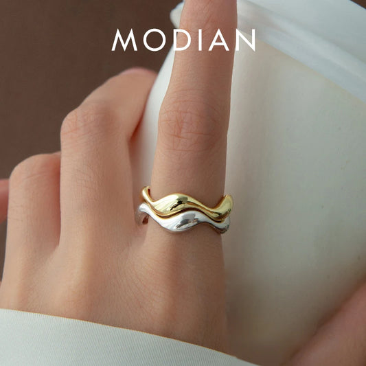 Anillo Modian de plata de ley 925 con diseño irregular de gota de agua, apilable, moderno, ajustable, tallas 6-9, para mujer.
