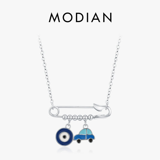 MODIAN 925 Sterling Silver Original Pin Pendant Necklace Fashion Blue Enamel Eyes & Car Necklaces For Women Fine Jewelry