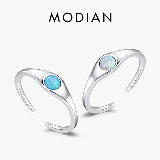 Anillo minimalista de plata de ley 925 MODIAN con ópalo brillante y redondo, ajustable y liso, ideal como regalo de joyería fina para mujer.