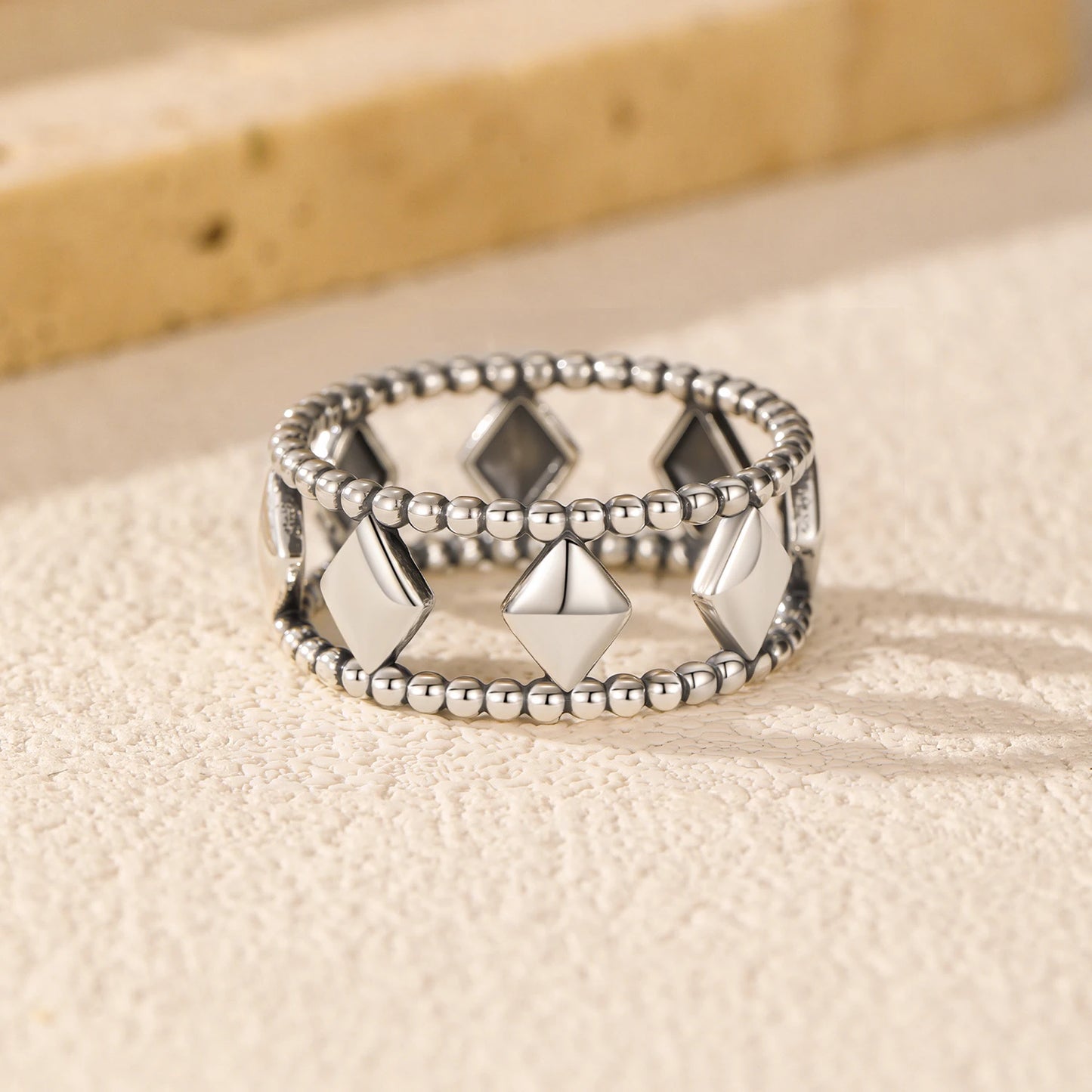 MODIAN 925 Sterling Silver Stars Vintage Design Geometric lozenge Beaded Stackable Finger Rings For Women Daily Fine Jewelry
