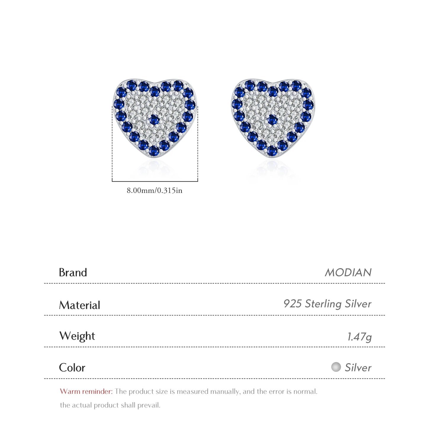 MODIAN 925 Sterling Silver Simple Hearts Stud Earrings Sparkling Blue Zirconia Romantic Earrings For Women Party Jewelry