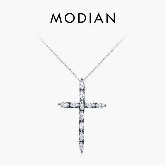 MODIAN 925 Sterling Silver Marquise Cut Zirconia Necklace Retro Black Cross Big Pendant Necklace For Women Fine Jewelry Gift