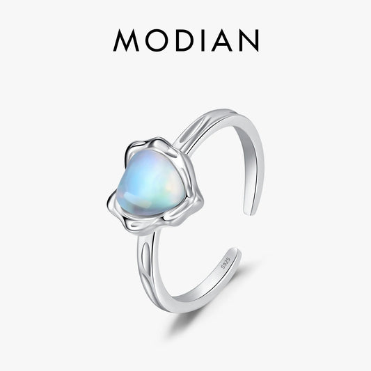 Anillos ajustables MODIAN de plata de ley 925 con piedra lunar brillante y exquisito para mujer, anillos de moda con forma de corazón, talla libre, joyería fina.