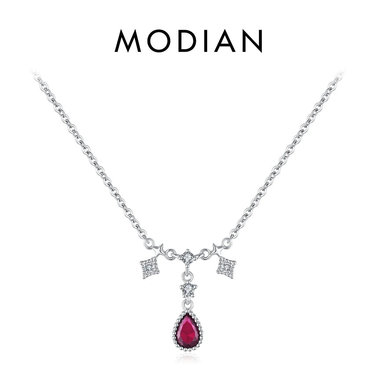 Collar con colgante de gota de agua de lujo MODIAN de plata de ley 925 con circonita azul y roja, cadena de eslabones clásica para mujer, joyería de boda