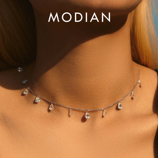 Gargantilla apilable de plata de ley 925 MODIAN para clavícula, collar con circonita brillante para mujer, joyería fina