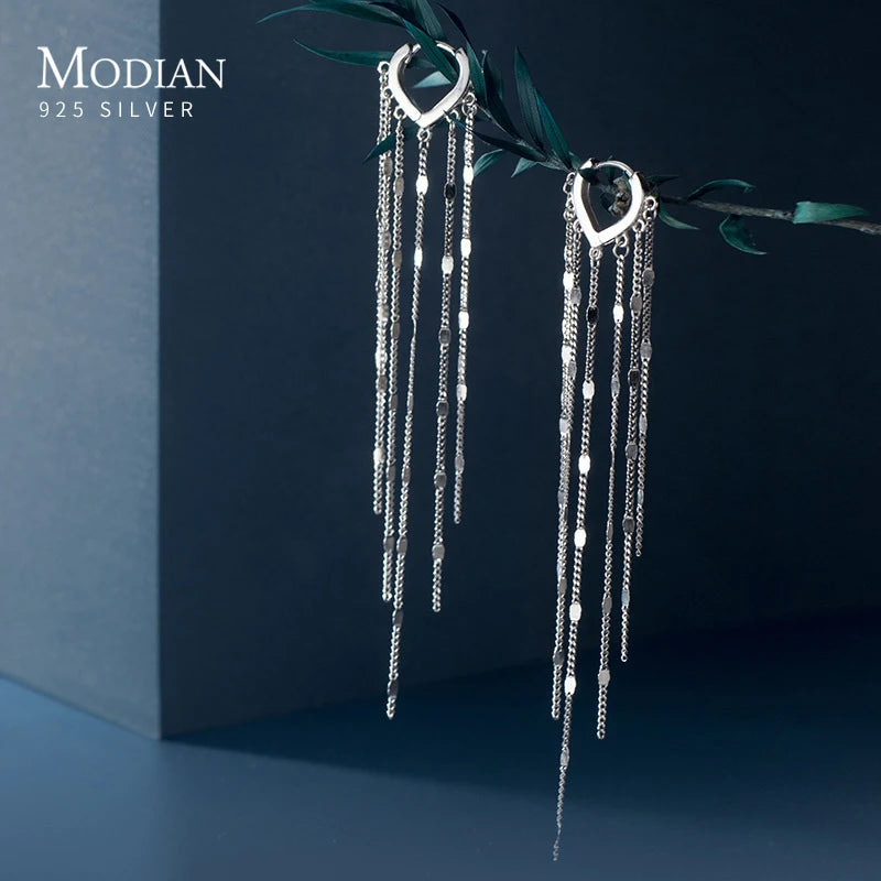 Modian Real 925 Sterling Silver Long Tassel Sparkling Trendy Drop Earrings for Women Dangle Earrings Fine Jewelry Wedding Gift