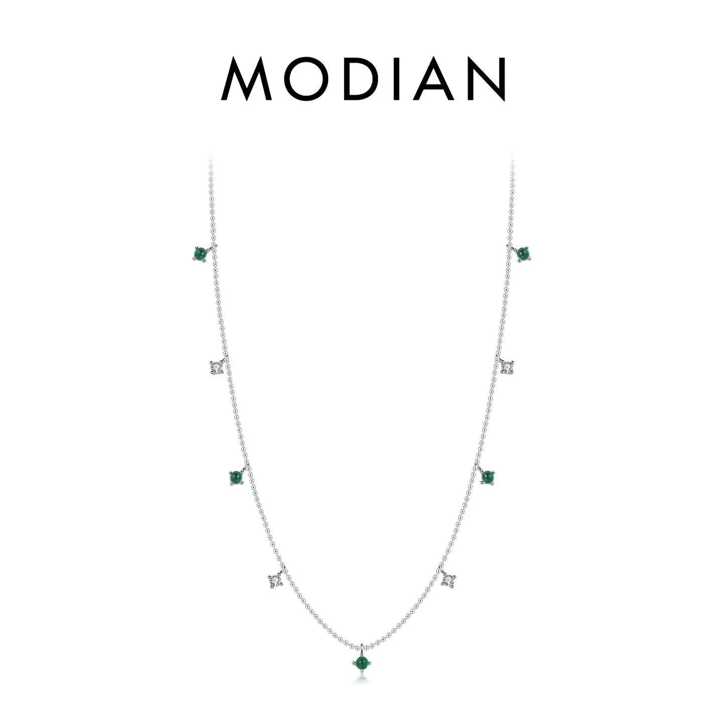 MODIAN Real 925 Sterling Silver Charm Green CZ Round Small Pendant Necklace Trendy Link Chain For Women Anniversary Jewelry Gift