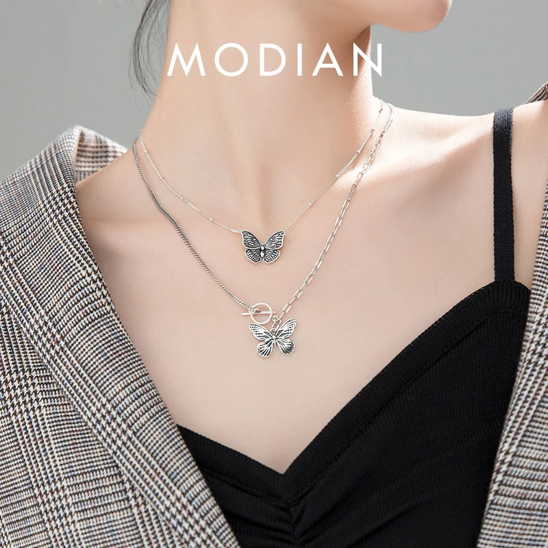 Modian 100% Real 925 Sterling Silver Retro Flying Butterfly Pendant Necklace for Women 2 Style Pendant Fine Jewelry Design